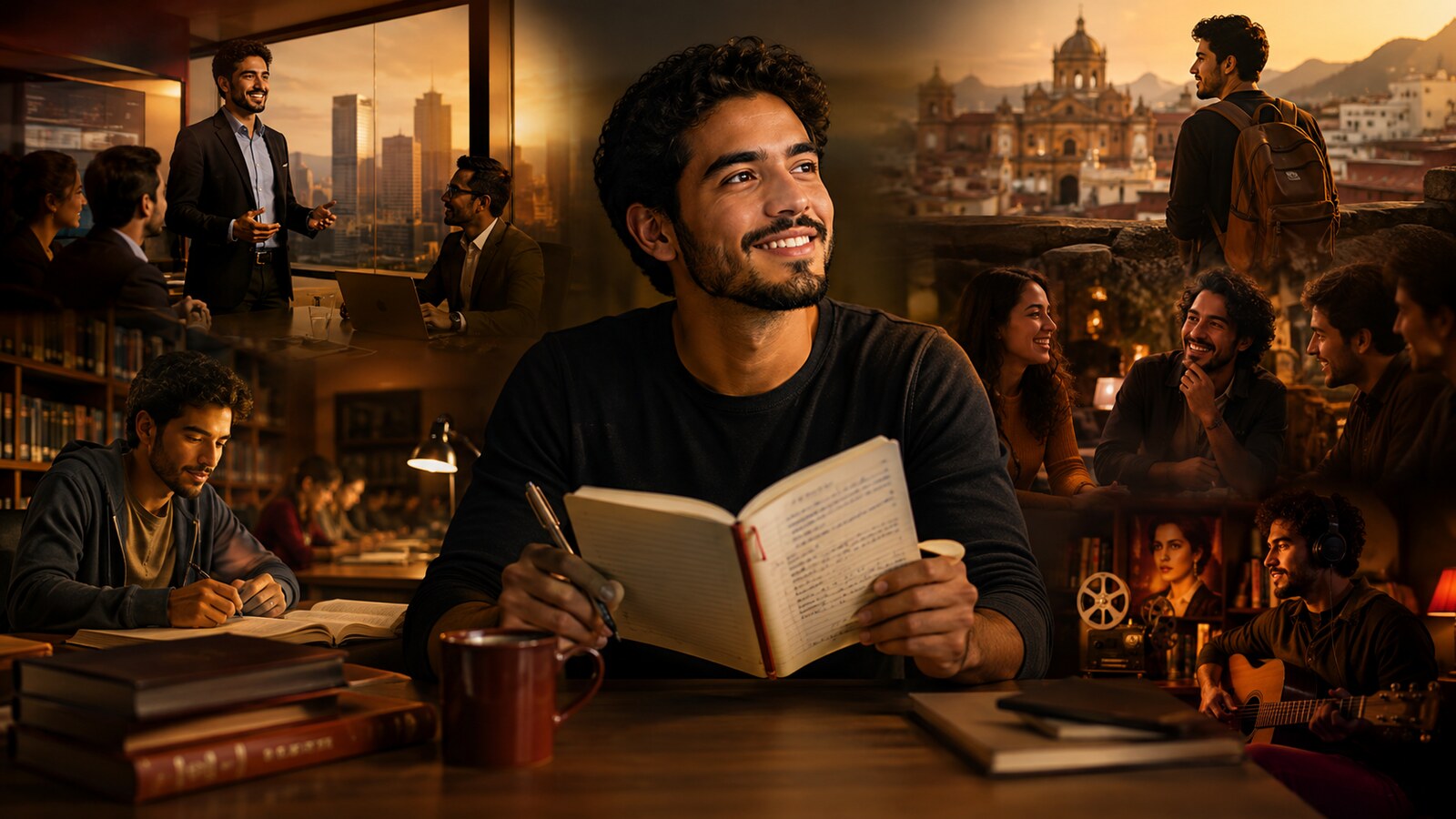 Estudante brasileiro cercado por oportunidades de carreira, viagem, estudos, amizade e cultura